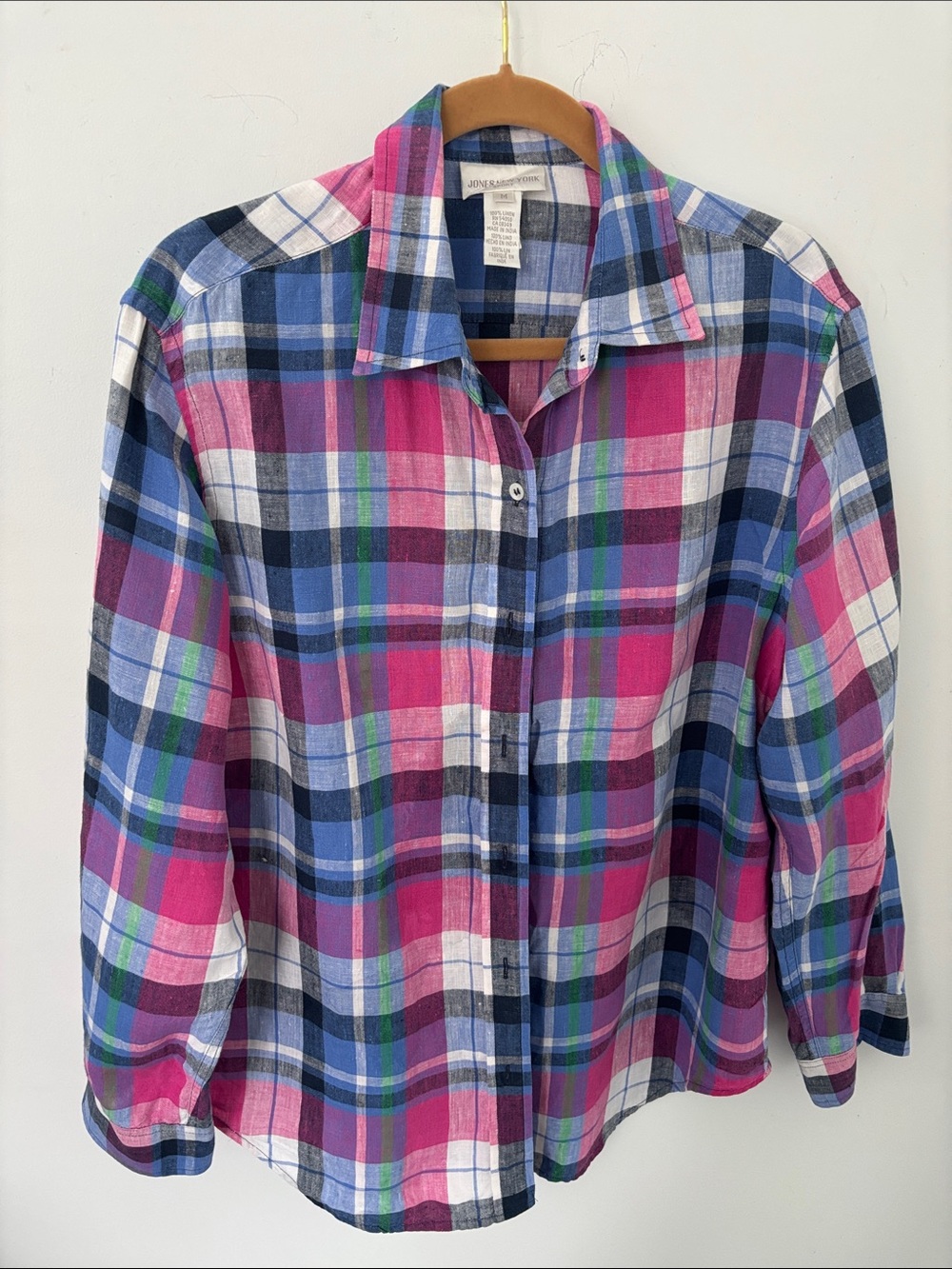 Vintage Jones NY Sport linen blouse, plaid,roll up sleeves,pink/black/green,M